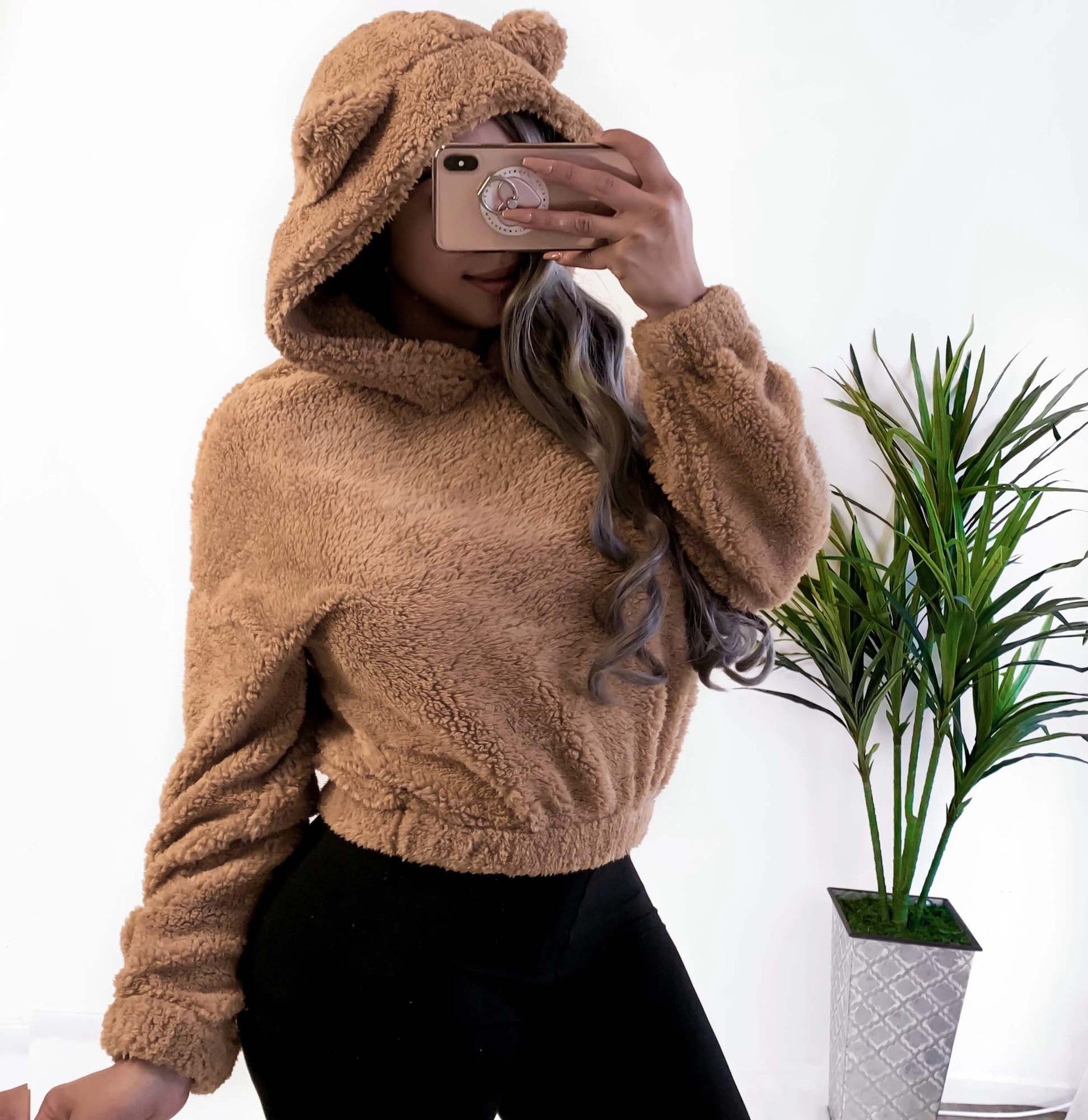 Long sleeve solid color plush hooded top