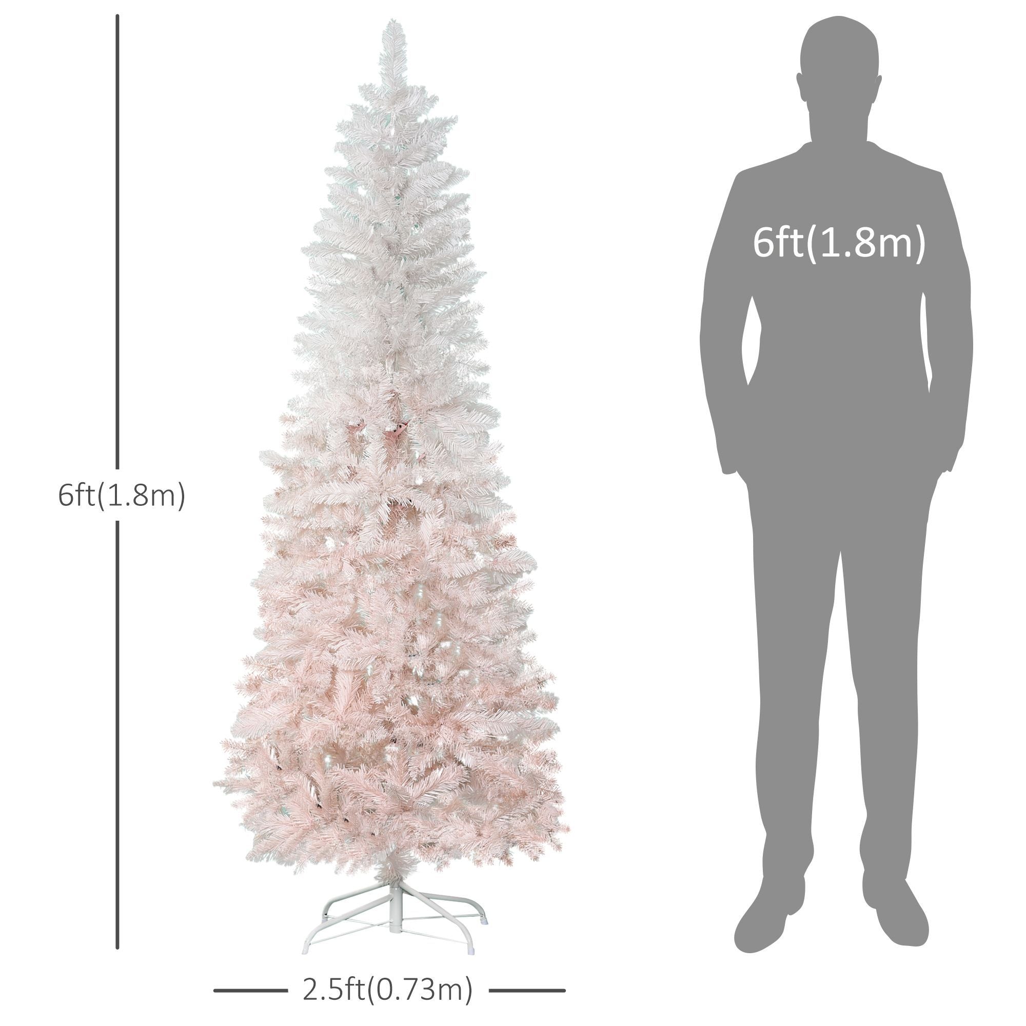 6ft Pencil Artificial Christmas Tree With Pine Realistic Branches, Auto Open, Pink And White