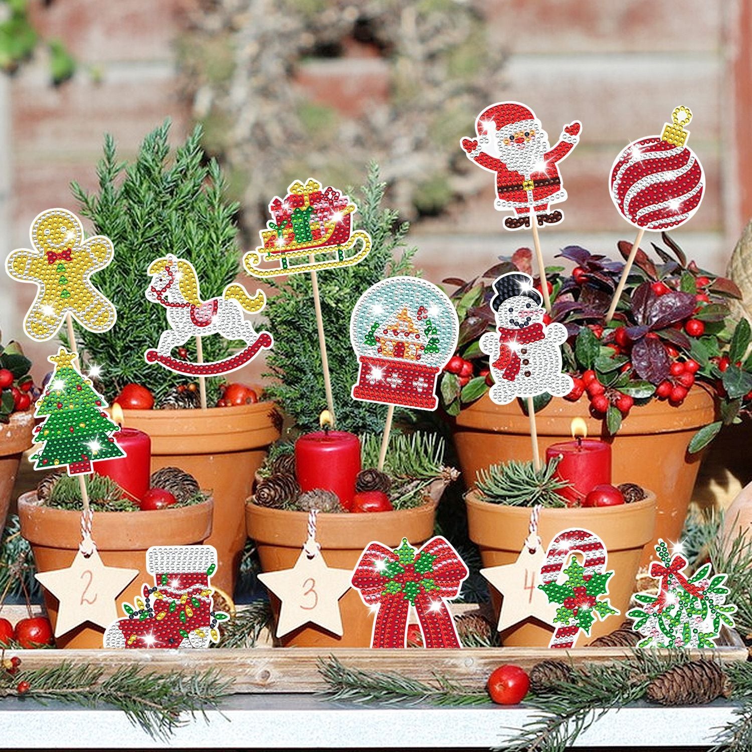 12Pcs Christmas Rhinestones Painting Kits Santa Claus Snowman Gingerbread Man Christmas Stockings Bows Design Rhinestones Art For DIY Art Garden Stake Decoratoin Enjoy Crafting Holiday Gifts