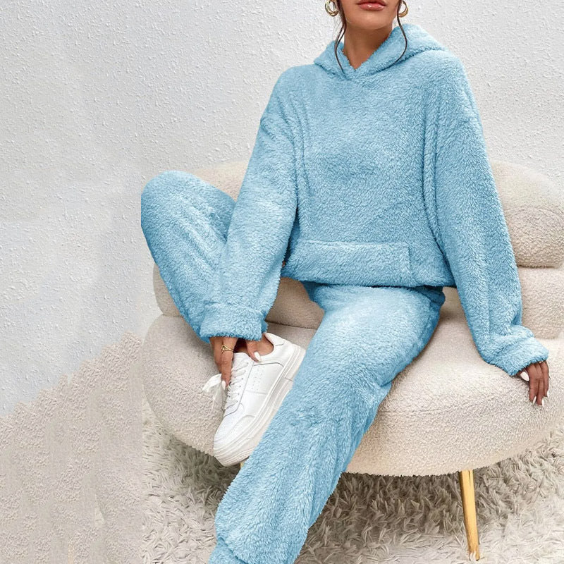 Women's Solid Color Plush Hooded Long Sleeve Trousers Suit