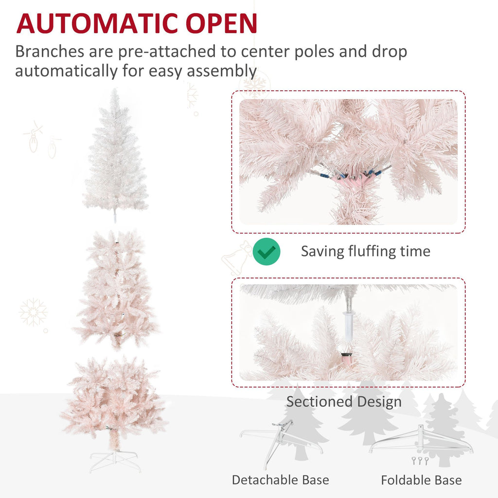 6ft Pencil Artificial Christmas Tree With Pine Realistic Branches, Auto Open, Pink And White